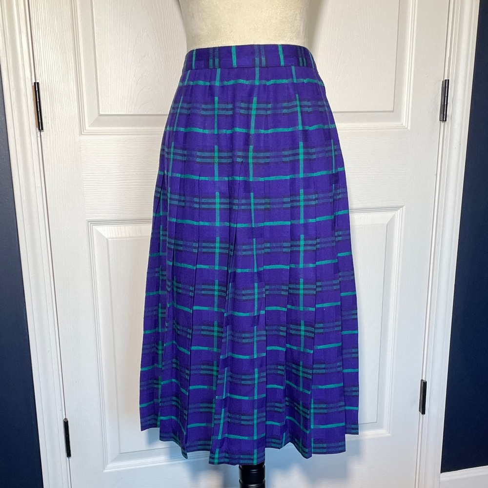 Vintage Weathervane Pleated Wool Plaid Purple and Green Midi Skirt Size 6